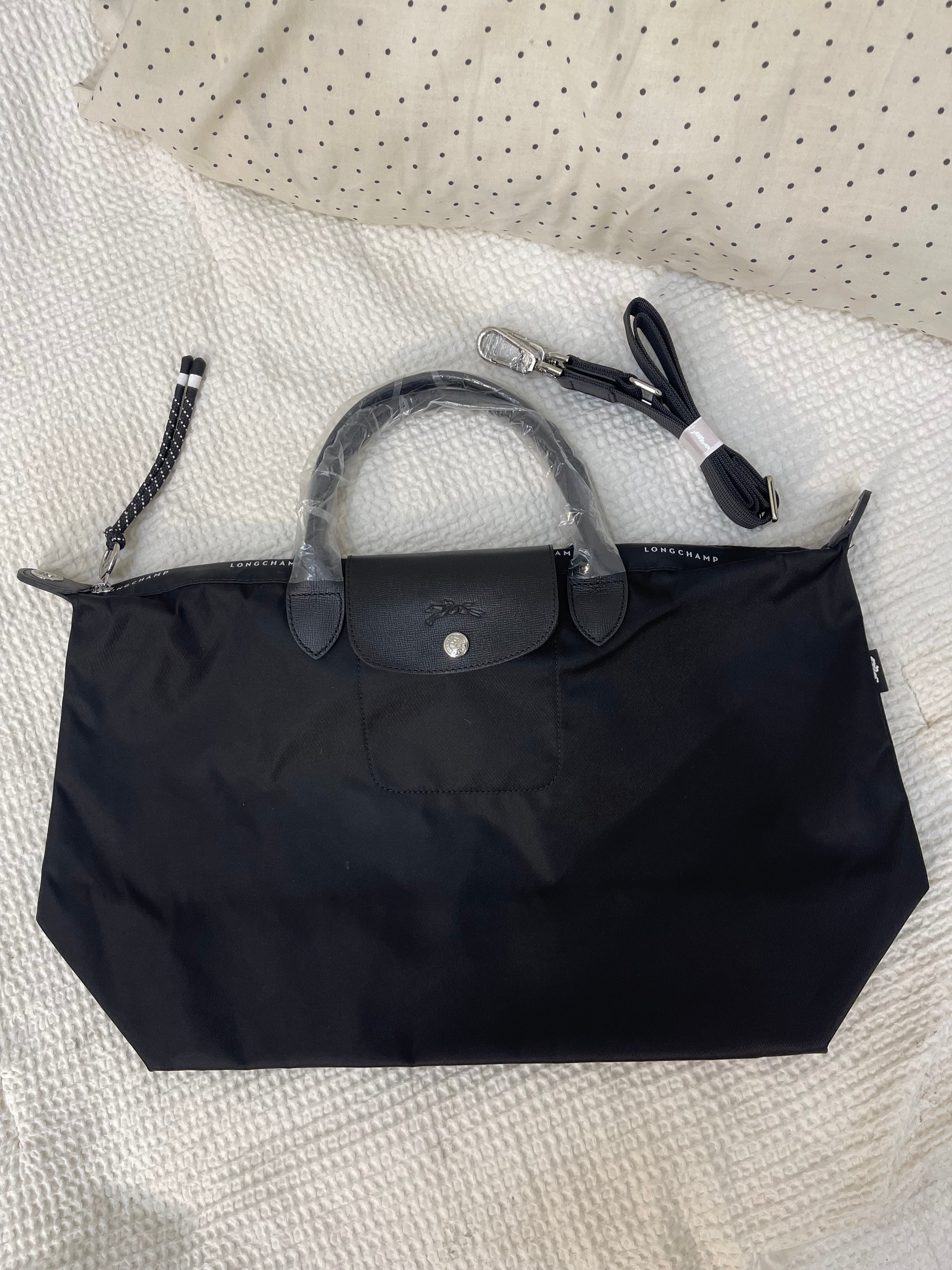 Longchamp Inspired Crossbody - Black (Large With Logo & Strap)