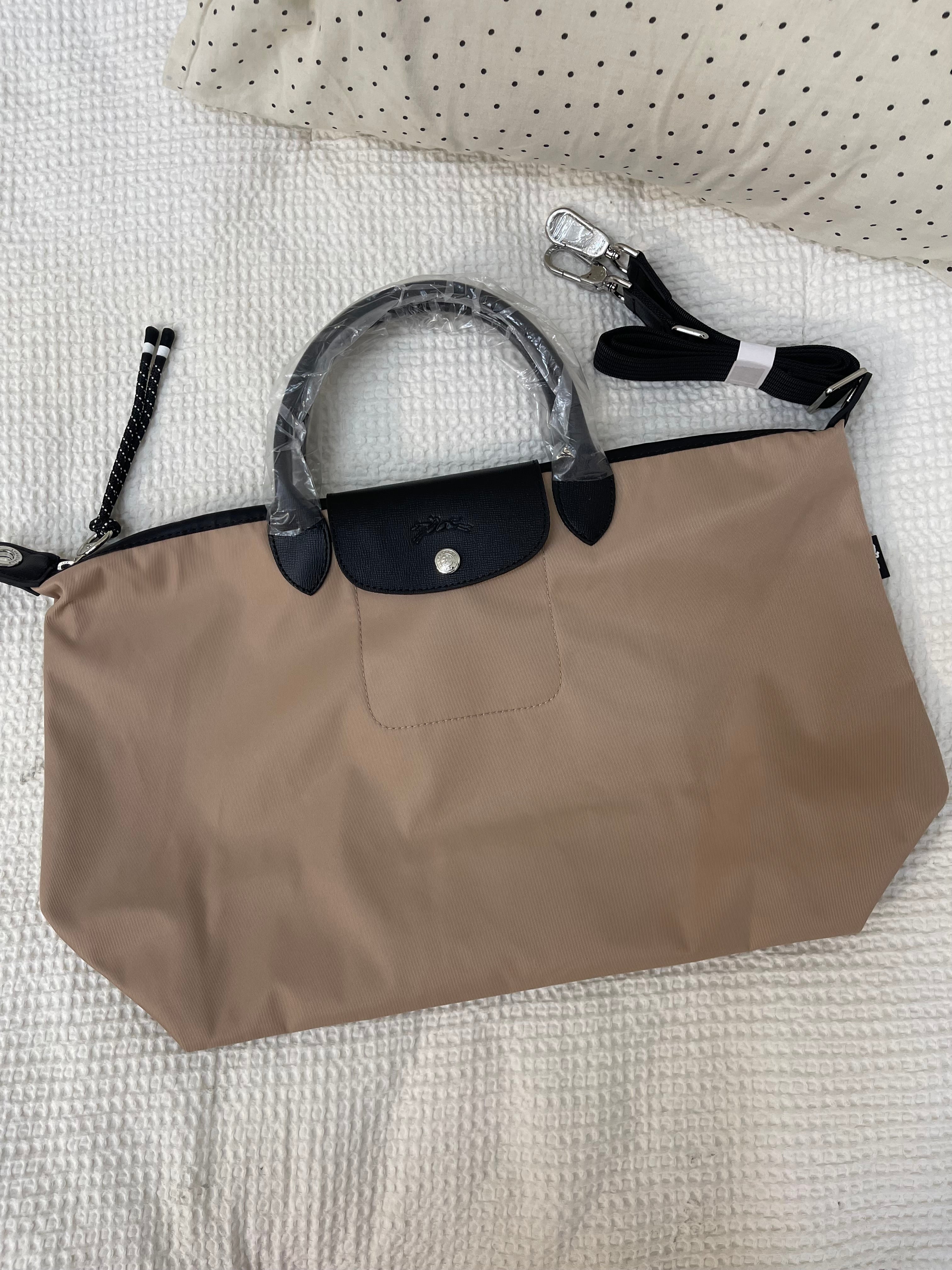 Longchamp Inspired Crossbody - Taupe (Large With Logo & Strap)