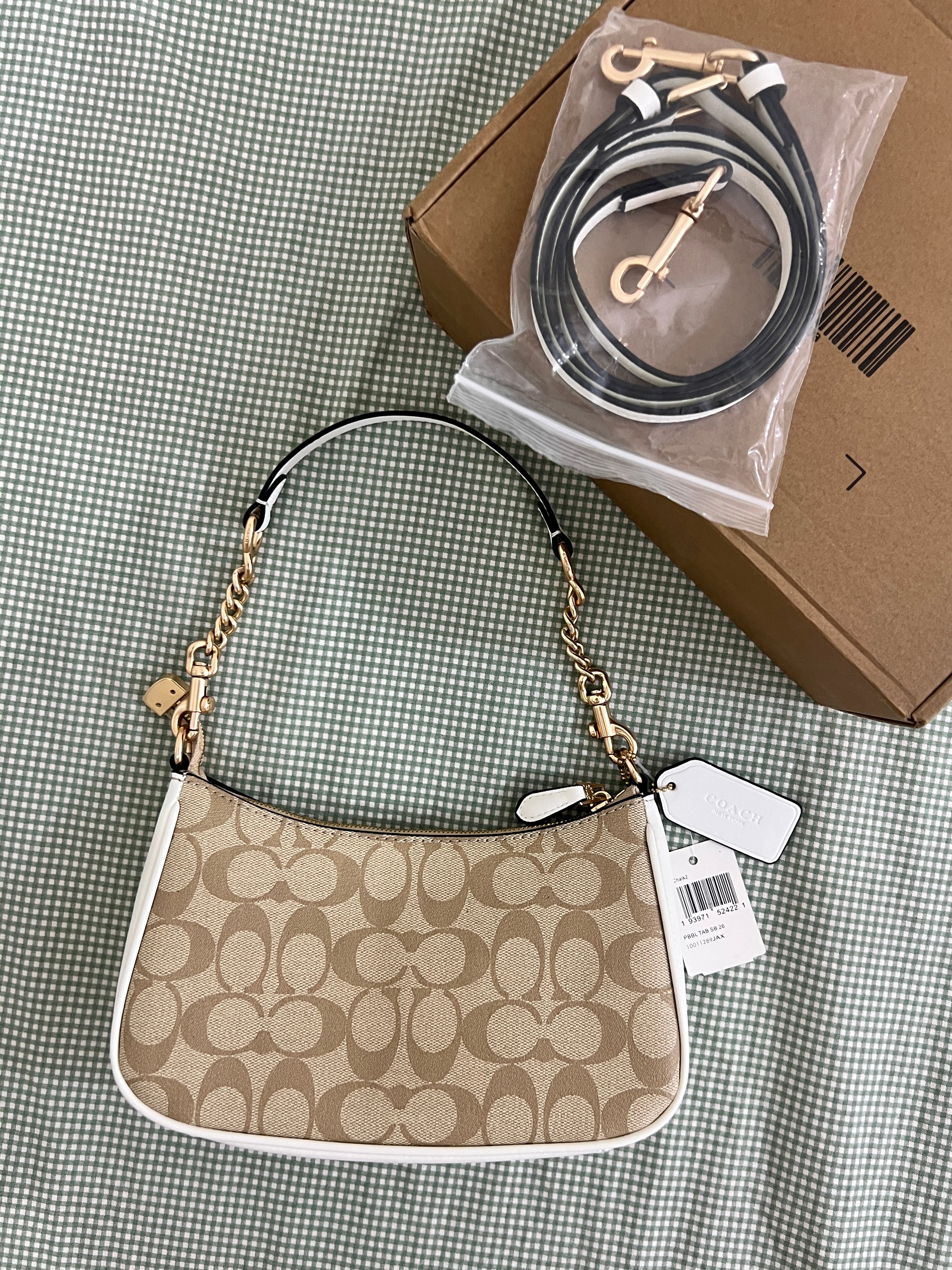 Coach Teri khaki white Shoulder Bag (with Box and long strap)