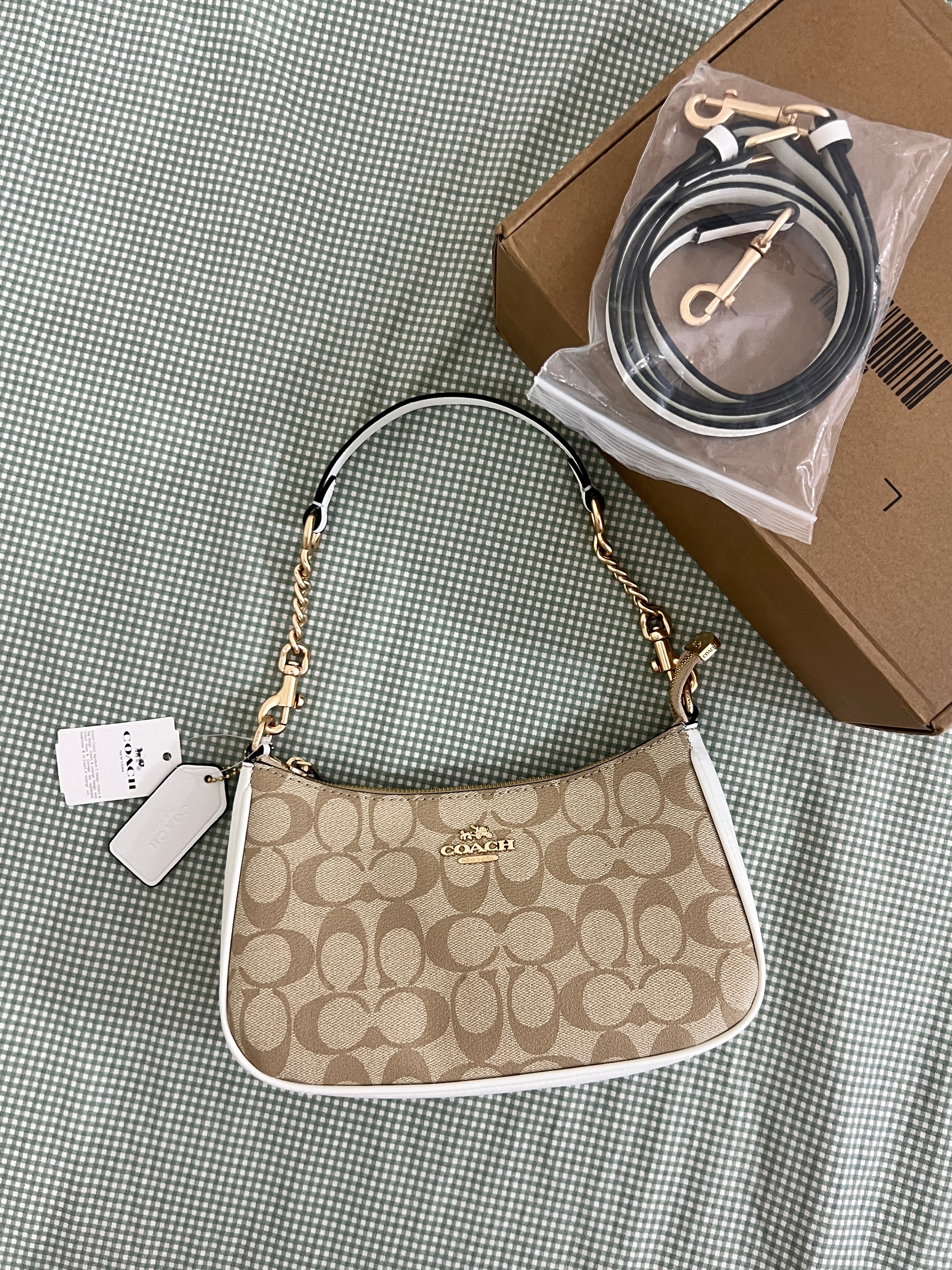 Coach Teri khaki white Shoulder Bag (with Box and long strap)