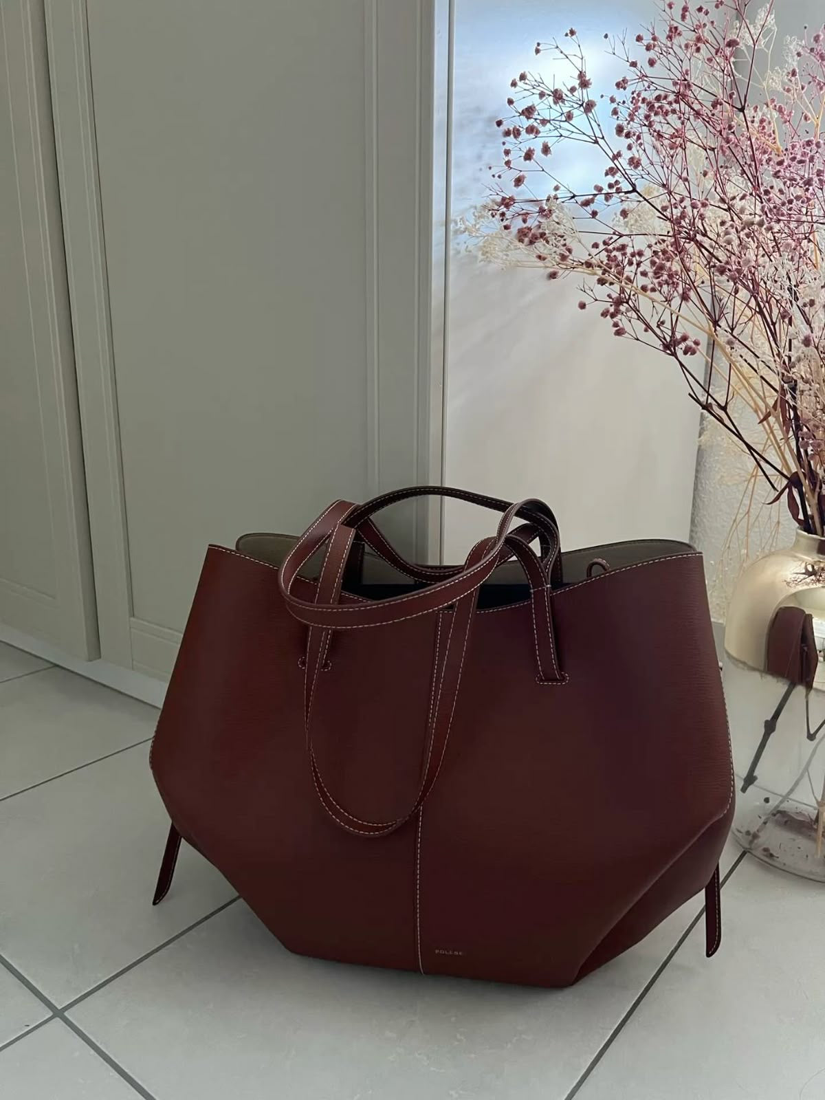 Polène Cyme Small Tote Bag with Pouch - BURGUNDY